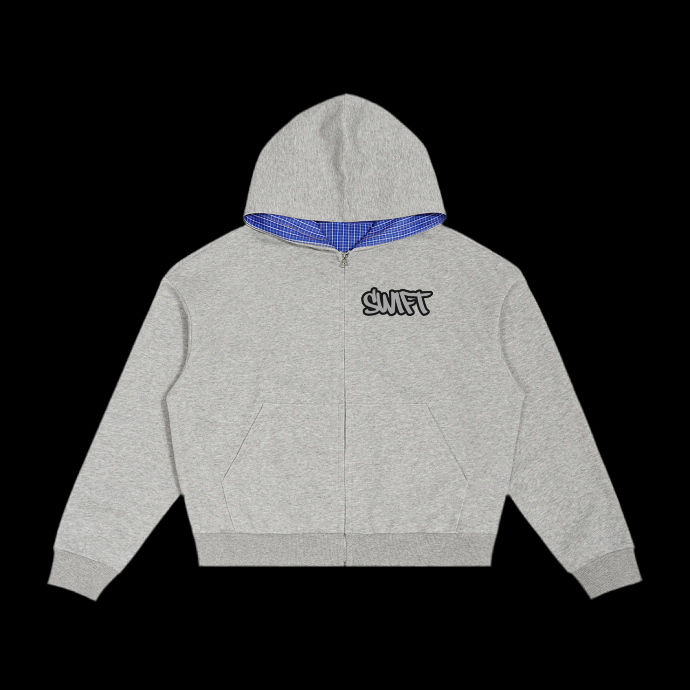 Zip Up Contrast Plaid Boxy Hoodie