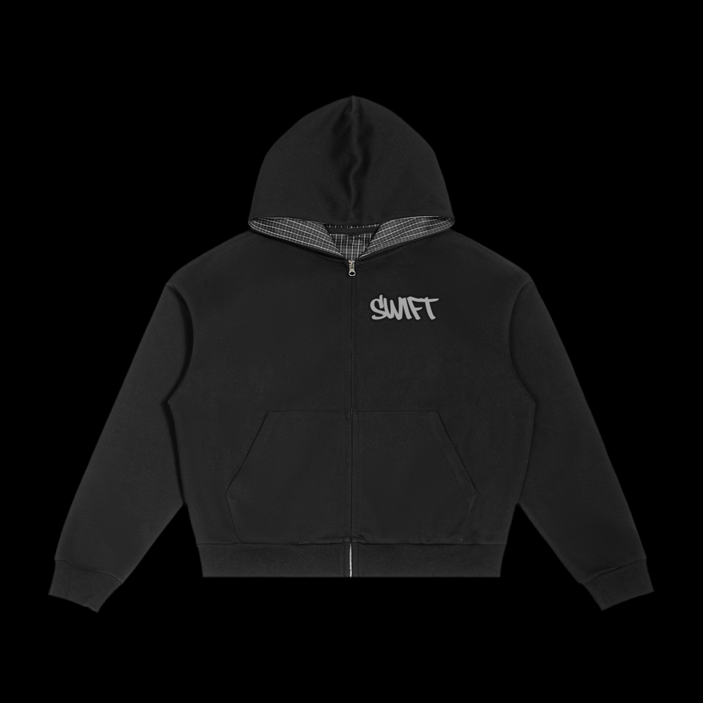 Zip Up Contrast Plaid Boxy Hoodie