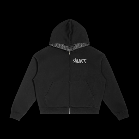 Zip Up Contrast Plaid Boxy Hoodie